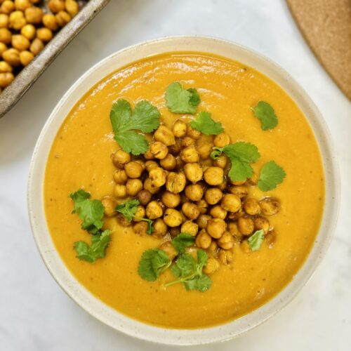 creamy sweet potato soup with crunch chickpeas