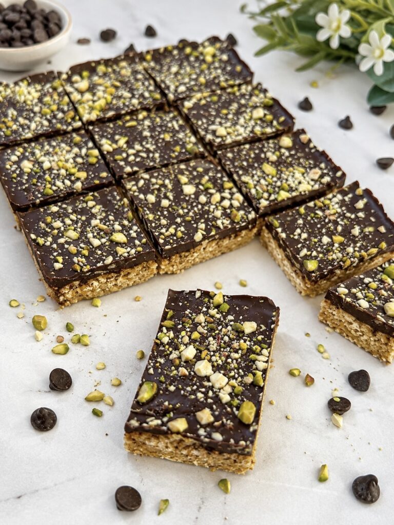 easy protein bar topped with chocolate and nuts