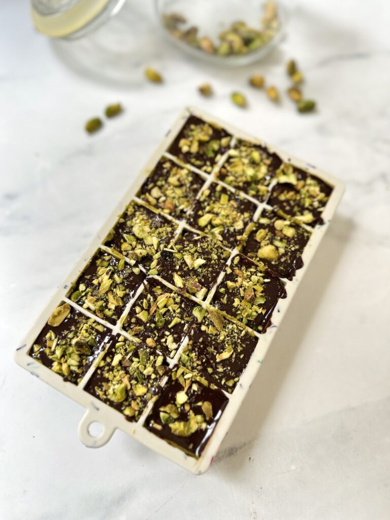 pistachio chocolate bars in tray