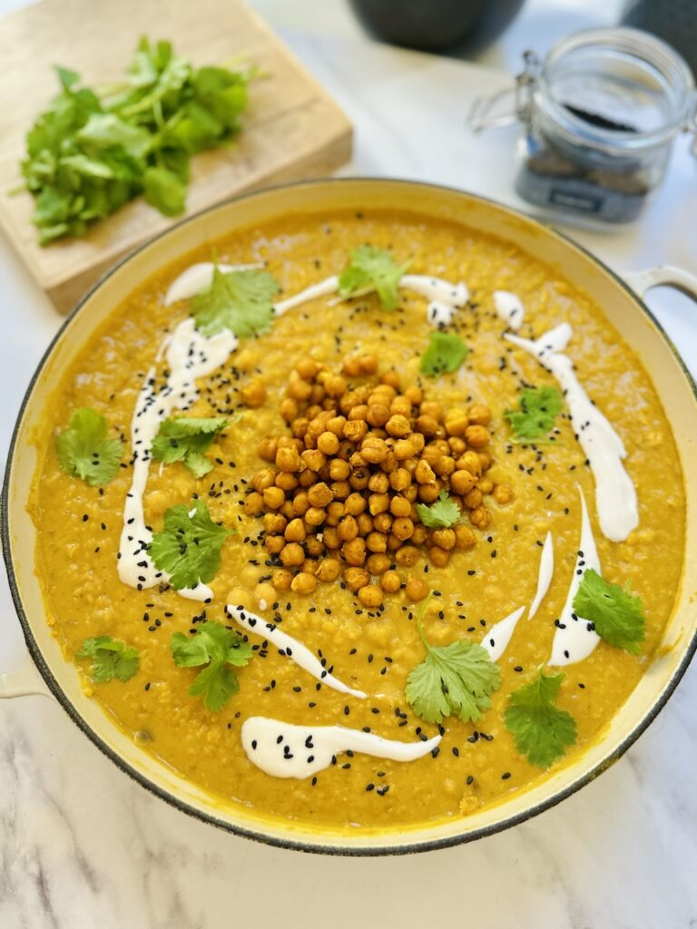 coconut chickpea dahl with yoghurt and spicy chickpeas