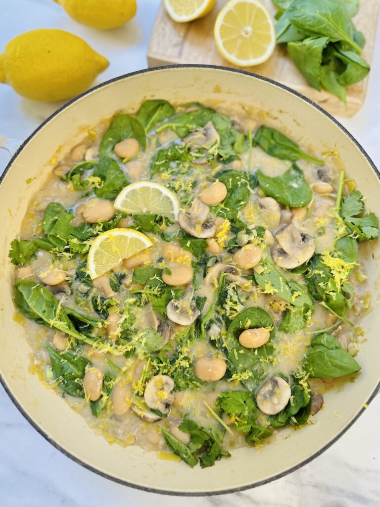 lemon miso butter beans with mushrooms and spinach