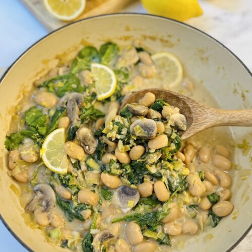 lemon miso butter beans with mushrooms and spinach