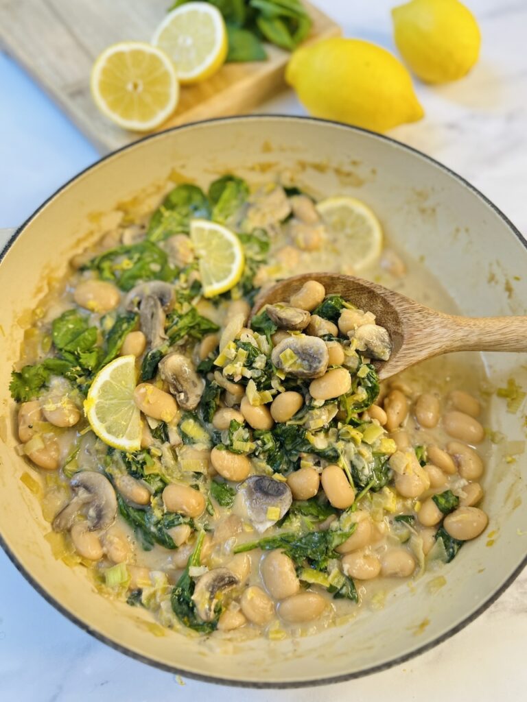 lemon miso butter beans with mushrooms and spinach