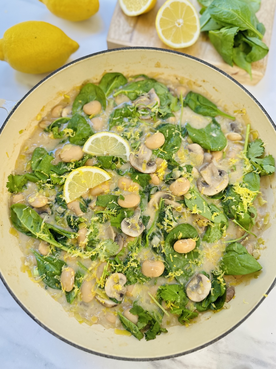 lemon miso butter beans with mushrooms and spinach