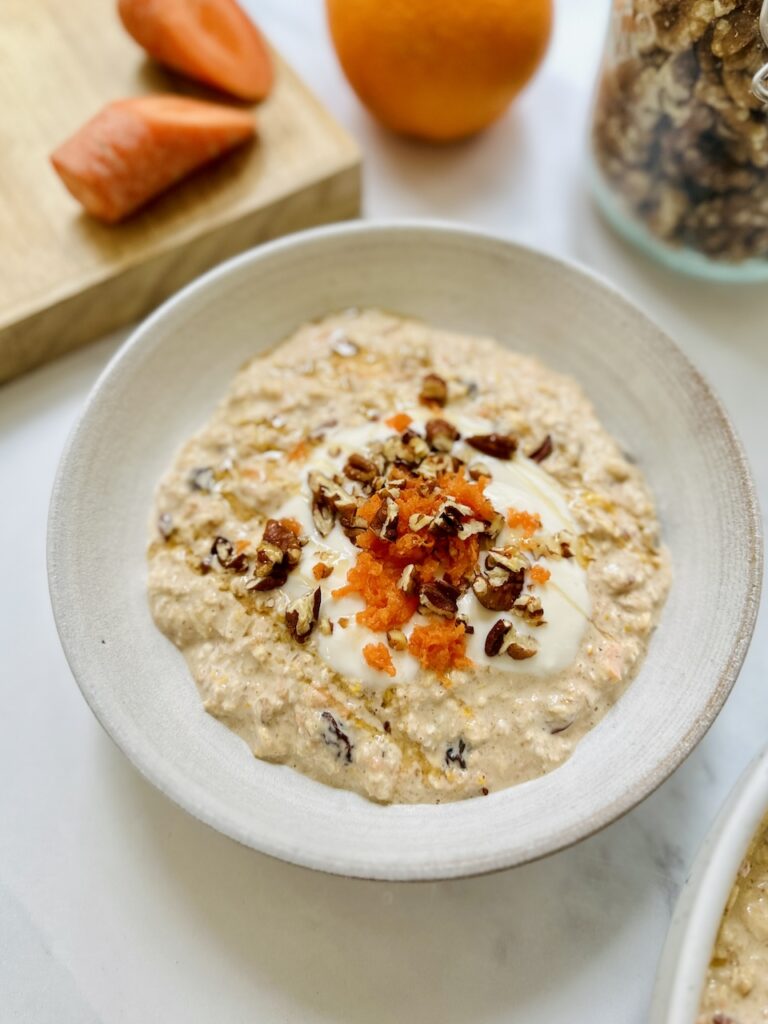 carrot cake overnight oats topped with yoghurt