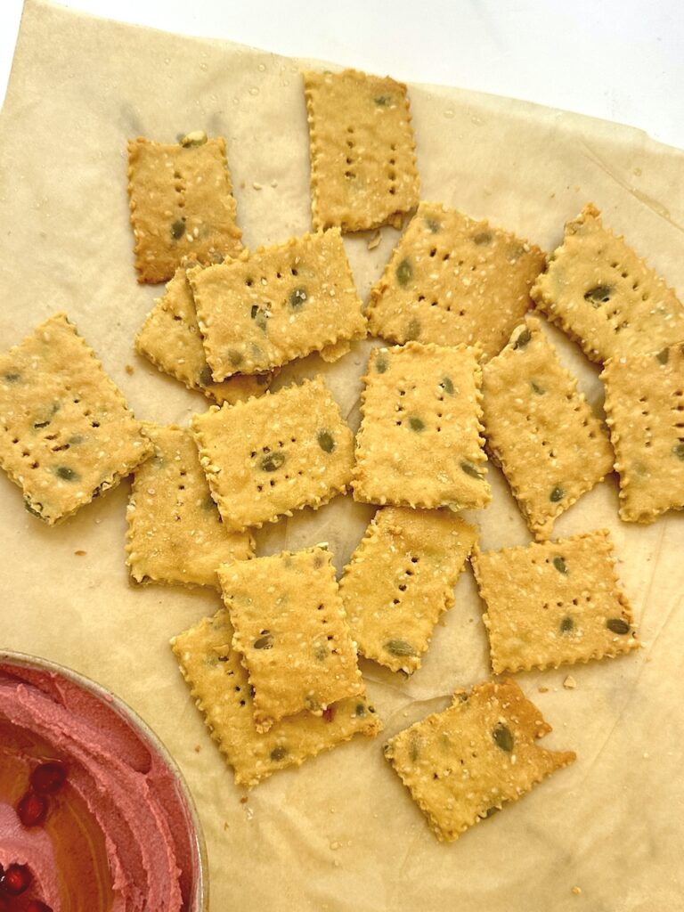 chickpea seeded crackers with hummus
