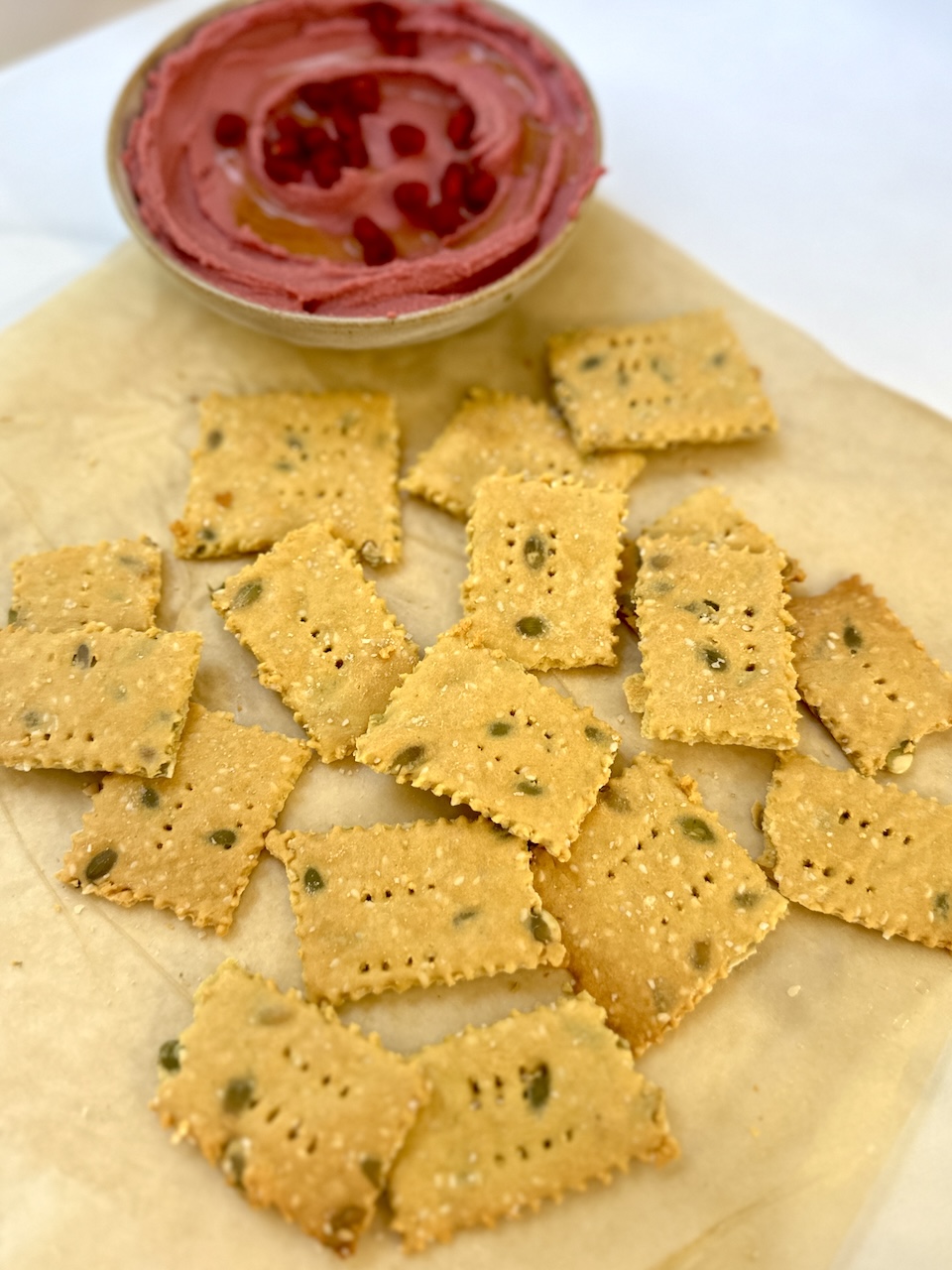 chickpea seeded crackers with hummus