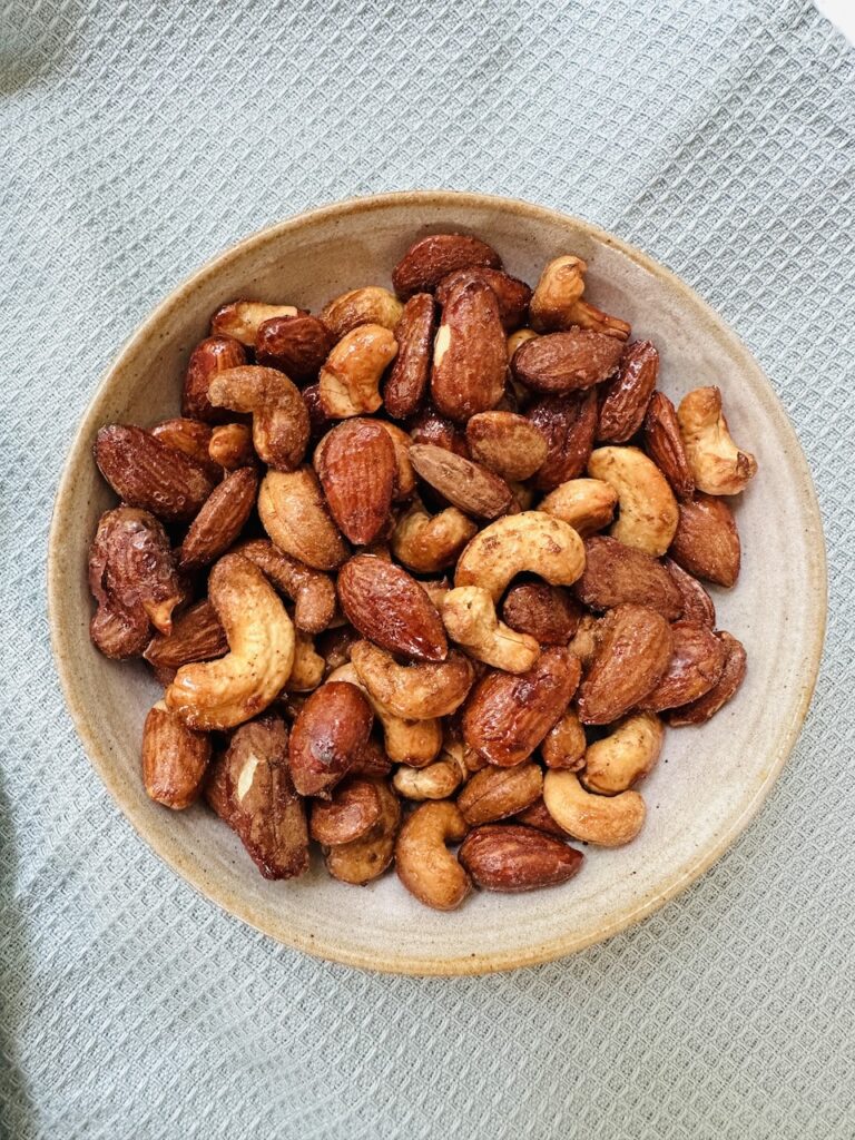 maple roasted nuts in a bowl