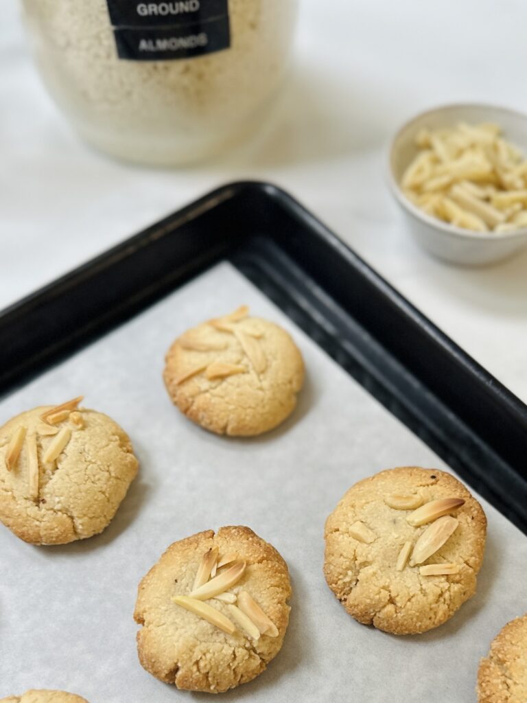 gluten free almond flour cookies on baking tray close up