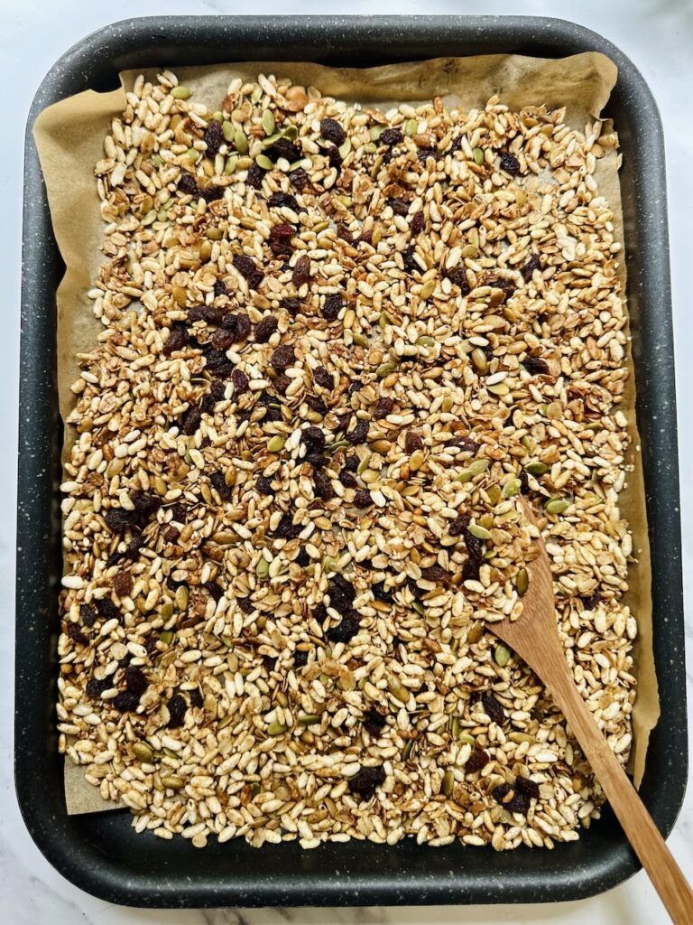 puffed rice granola on at baking tray
