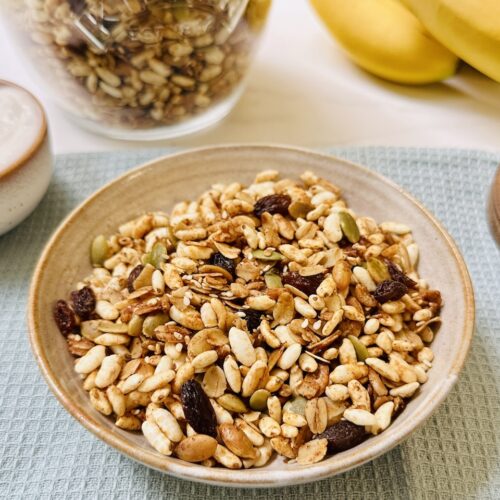 puffed rice granola in a bowl