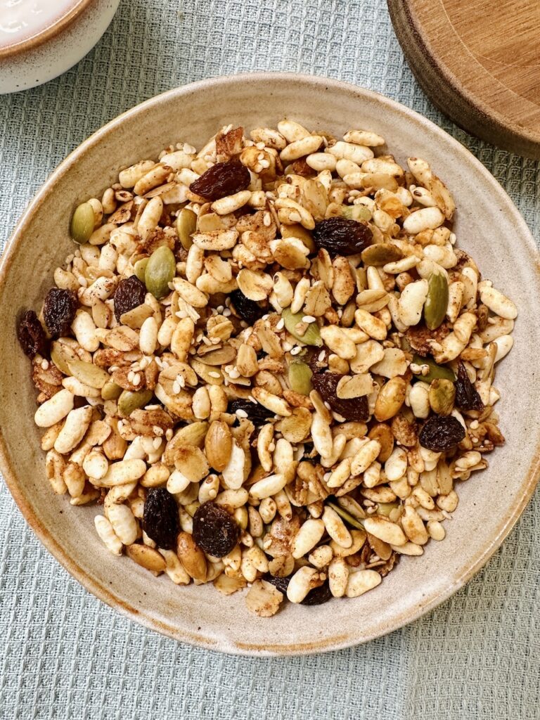 homemade puffed rice granola in a bowl