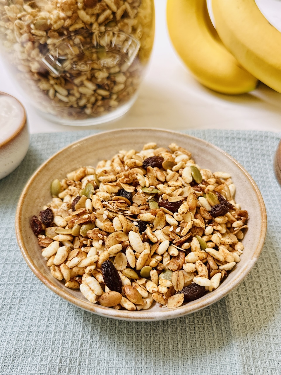 puffed rice granola in bowl puffed rice granola in a bowl