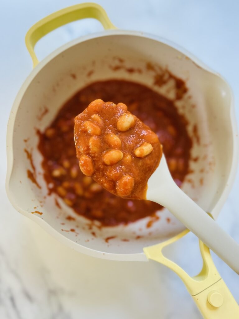 homemade beans on toast showing just the beans in a pan